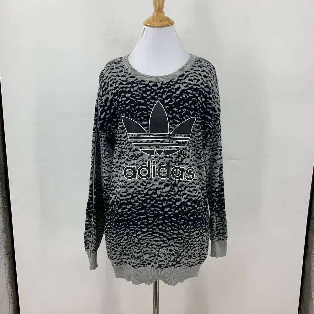 Adidas Sweater Womens XS Gray Black Helsinki Ice Print Cotton Knit Drop Shoulder